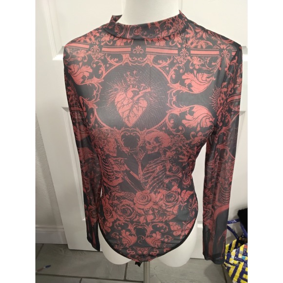SHEIN Tops - SHEIN Gothic Damask Mesh Bodysuit Red Black Sacred Heart Skeleton Mock Neck 0XL
